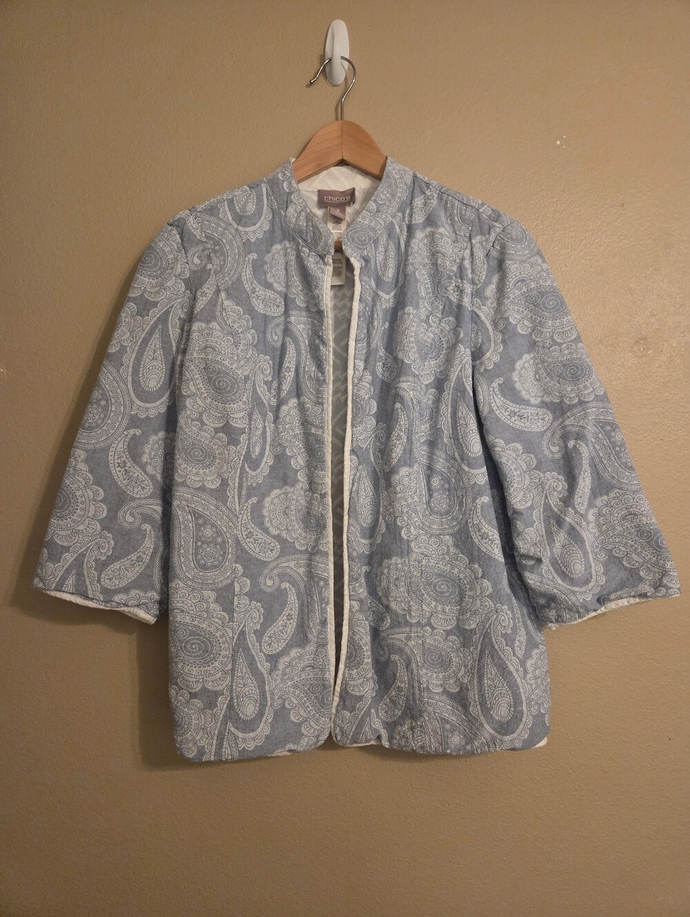 CHICO'S Blue White Paisley Print Embroidered Open Front Cardigan Topper Size‎ XL